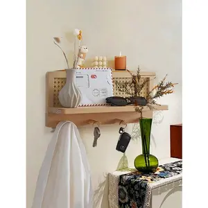 Handwoven Rattan Wall Shelf With Hooks - Multi-Purpose Wooden Organizer For Keys, Books, Magazines | Boho Dorm Room, Living Room Decor
