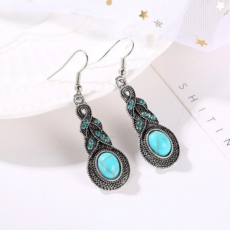 3pcs Necklace Earrings Set For Men And Women Vintage Style Blue Crystal Inlaid Turquoise Pendant With Lantern Chain Jewelry