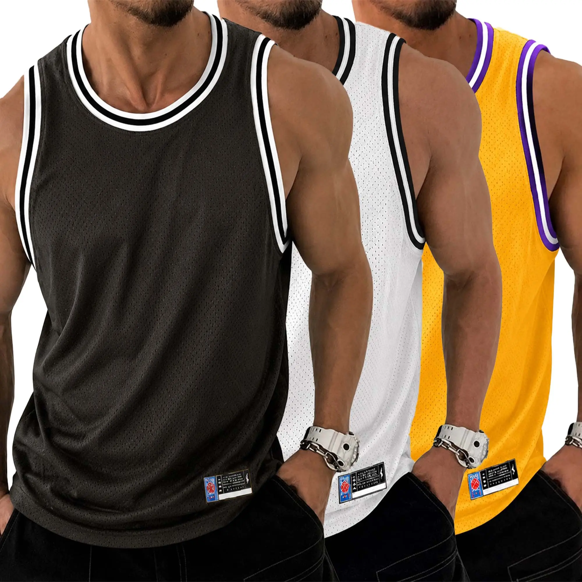 Men's Retro Mesh Tank Top Featuring A Solid-Color Or Tri-Color Basketball-Inspired Design (Available In Packs Of 2 Or 3). Highly Breathable, It Is An Ideal Choice For Running, Sports, Or Casual Summer Streetwear.
