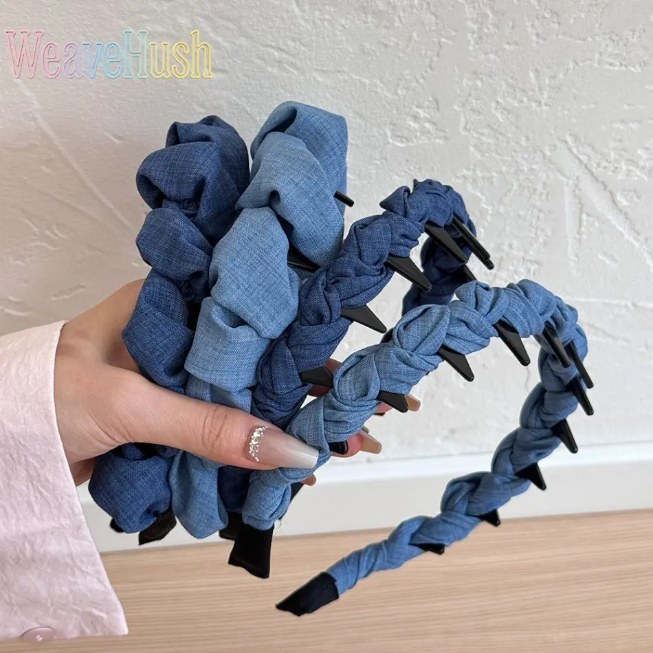 Denim Blue Wavy Tooth Padded High Cranium Headband for Women, Non-Slip Pressure Relief Face Washing Hair Band, Practical Broken Hair Finishing Styling Hair Accessory for Skincare & Daily Casual Wear