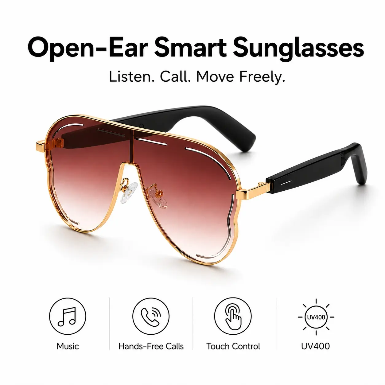 Smart Glasses, Bluetooth Sunglasses with Open-Ear Audio, Built in Microphone, Voice Assistant, Touch Control and Hands-Free Calling, Multifunctional Smart Glasses