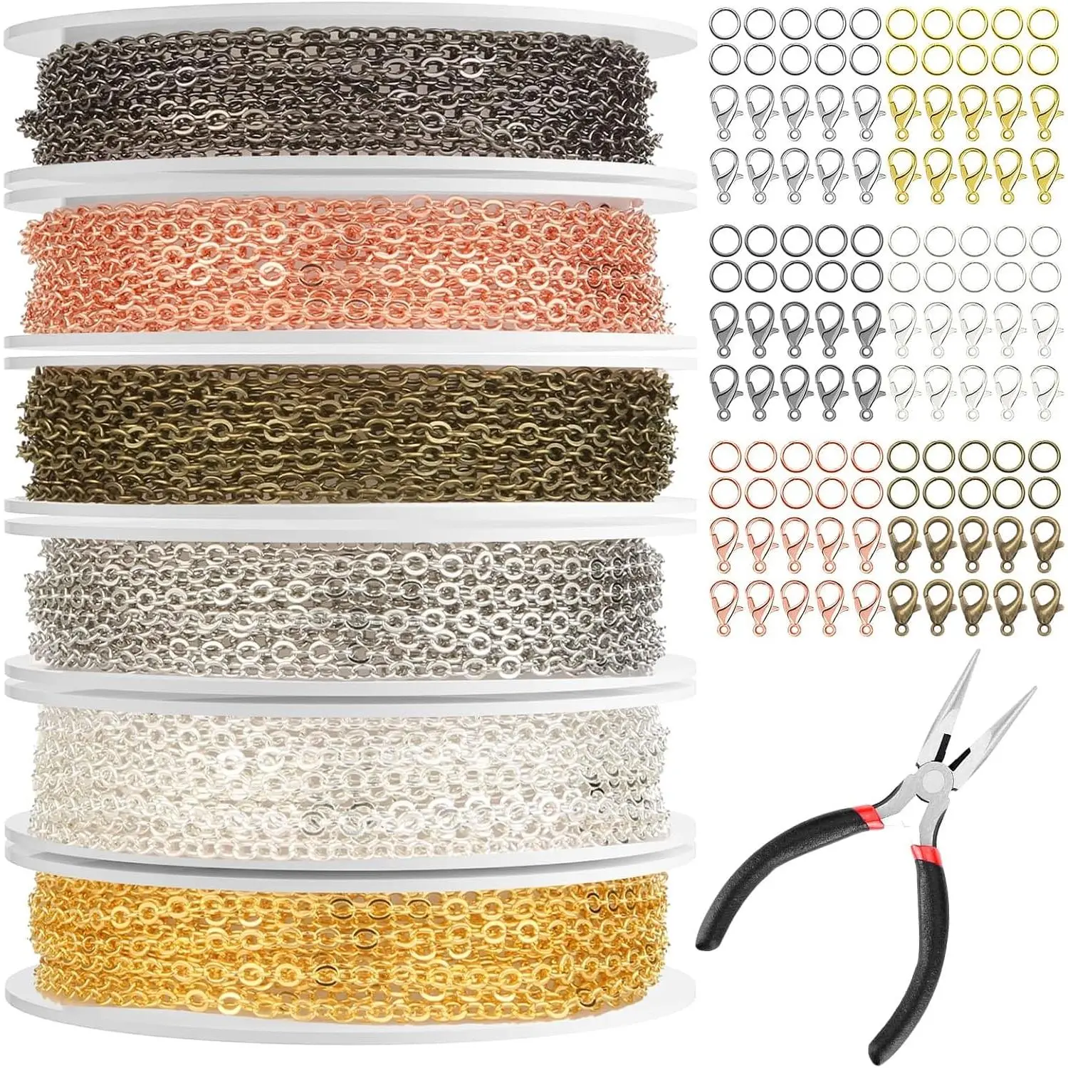 Unisex DIY Beading Jewelry Crafting Chains Kit - 60ft 2mm Chains, Open Jump Rings, Lobster Clasps, 6 Colors for Necklace Bracelet Anklet Making with Pliers