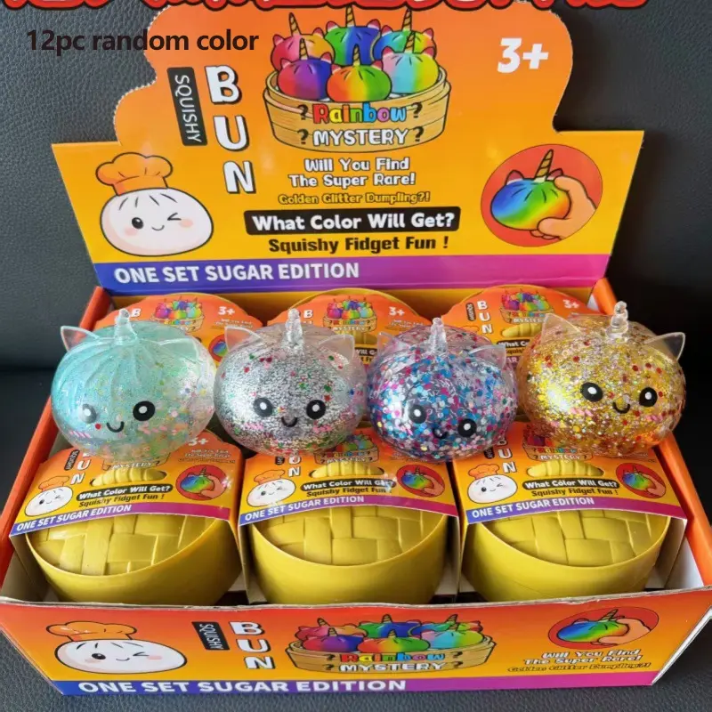 Viral Glitter Unicorn Dumpling Blind Box Squishy Toy, Bead Filled Squeeze Stress Ball with Cute Steamer Packaging, Random Color Kawaii Fidget Gift for Adults & Kids Stress Release