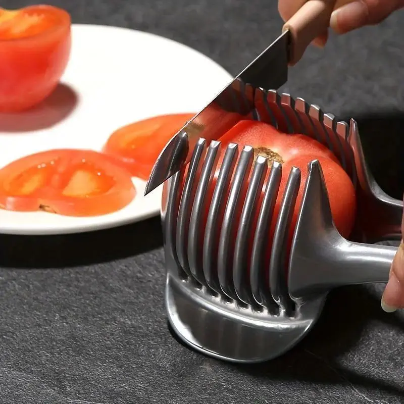 Stainless Steel Utility Slicer - Compact Multi-Use Fruit Tool with Cutting Clip, Food Preparation Guide for Tomatoes, Lemons, Ergonomic Kitchen Utensil, Cutting Guide, Durable, Daily, Rustproof, Everyday Use
