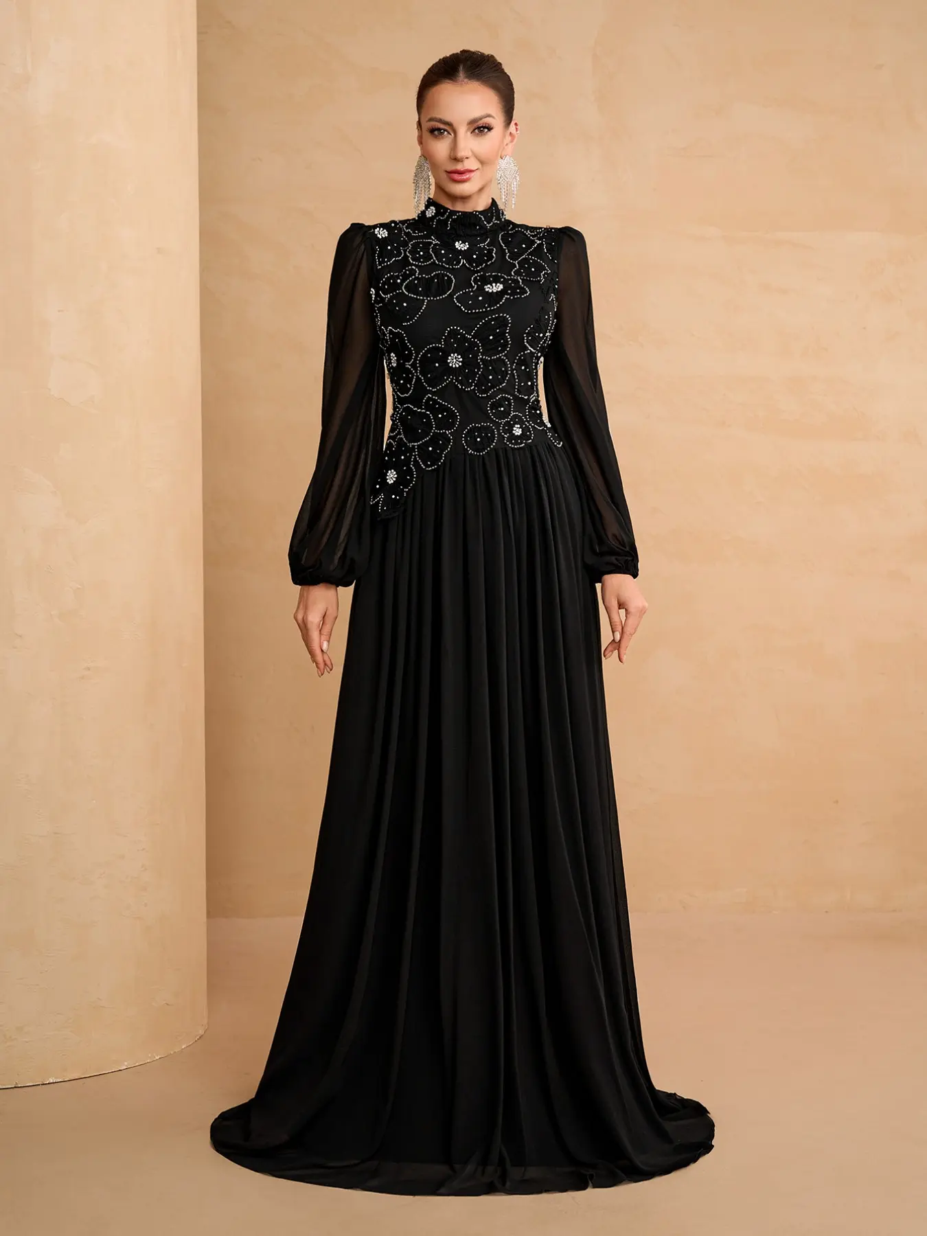 Elegant Chiffon Formal Dress with 3D Floral Beads, Long Sleeve High Neck, Elegant Evening Dress, Formal Wear, Perfect for Wedding Guests, Graduation, Concerts, Parties