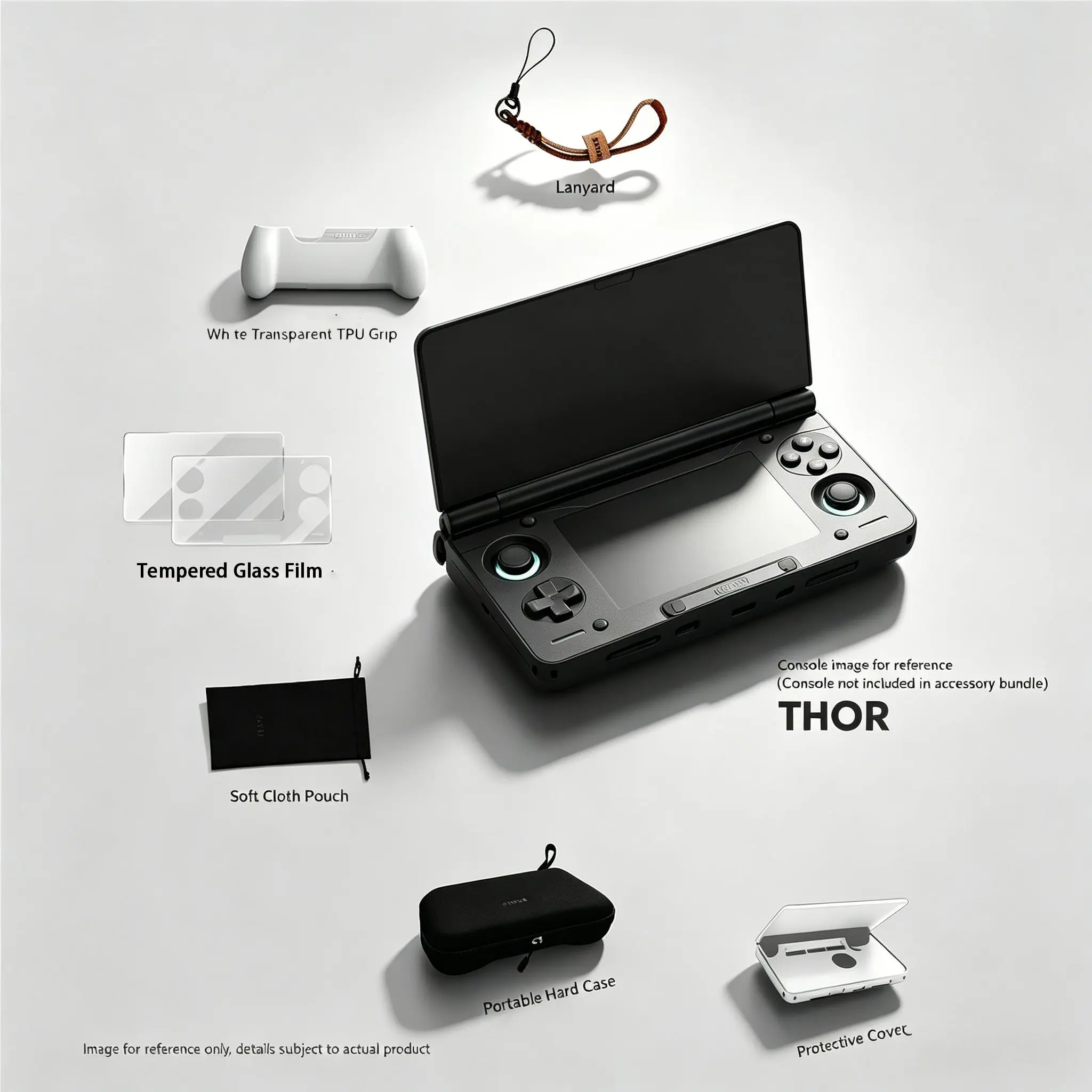 Thor Foldable Handheld Game Console Accessories Set, Tpu Grip, Tempered Glass Screen Protector, Hard Case, Clear Shell, Lanyard, Storage Bag