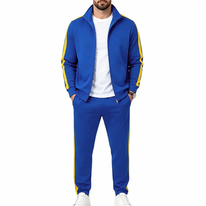 Men's Fall Winter 2-Piece Stripe Color Block Tracksuit - Stand Collar Zip-Up Jacket & Loose Cut Polyester Blend Long Pants, Casual Athletic Outfit for Gym, Outdoor Wear, Dry Cleaning Compatible, Two-Pieces
