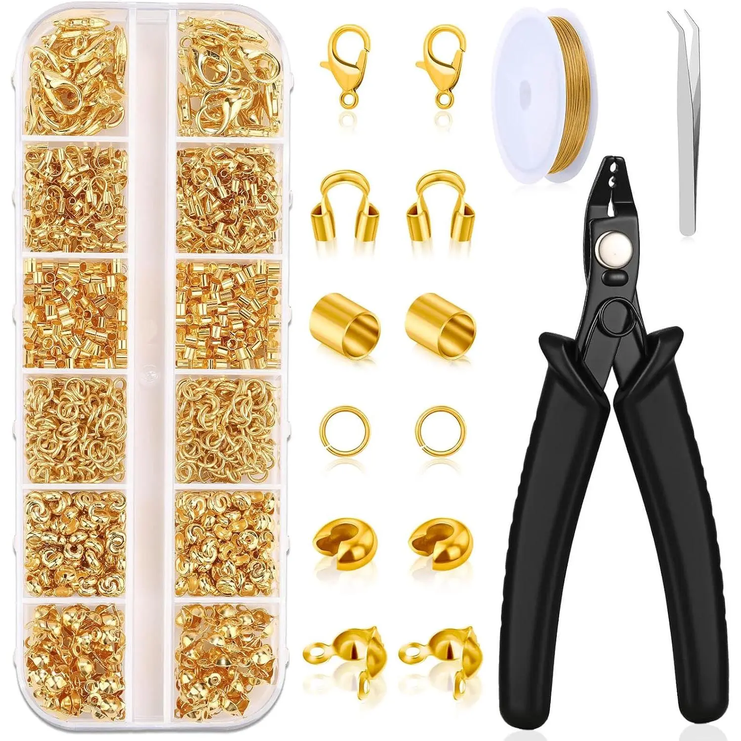 1200 count  Crimp Beads Kit,  Making Supplies Include Crimp Covers, Crimp Tubes, Wire Guardians, Lobster Clasps, Jump Rings, Pliers and Beading Wire for  Making