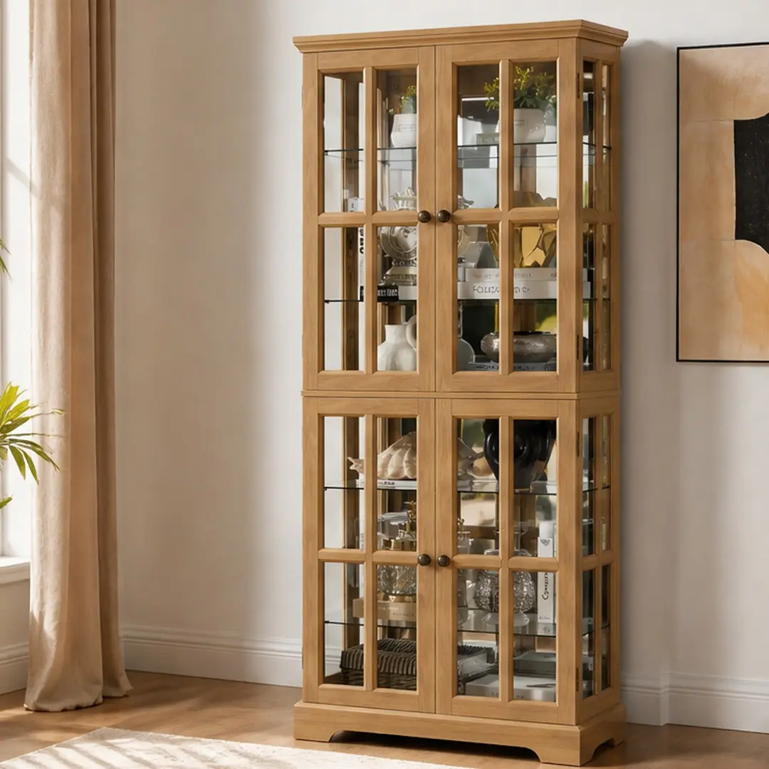 ARCH Vintage Oak Curio Display Cabinet - Acrylic & Composite Wood Dual-Door Glass Cabinet with E26 Bulb, 4 Adjustable Shelves for Collectibles, MDF Material, 15.75W x 30.32D x 68.70H Home Office Decor, Acrylic Display Cabinet Glass Cabinets