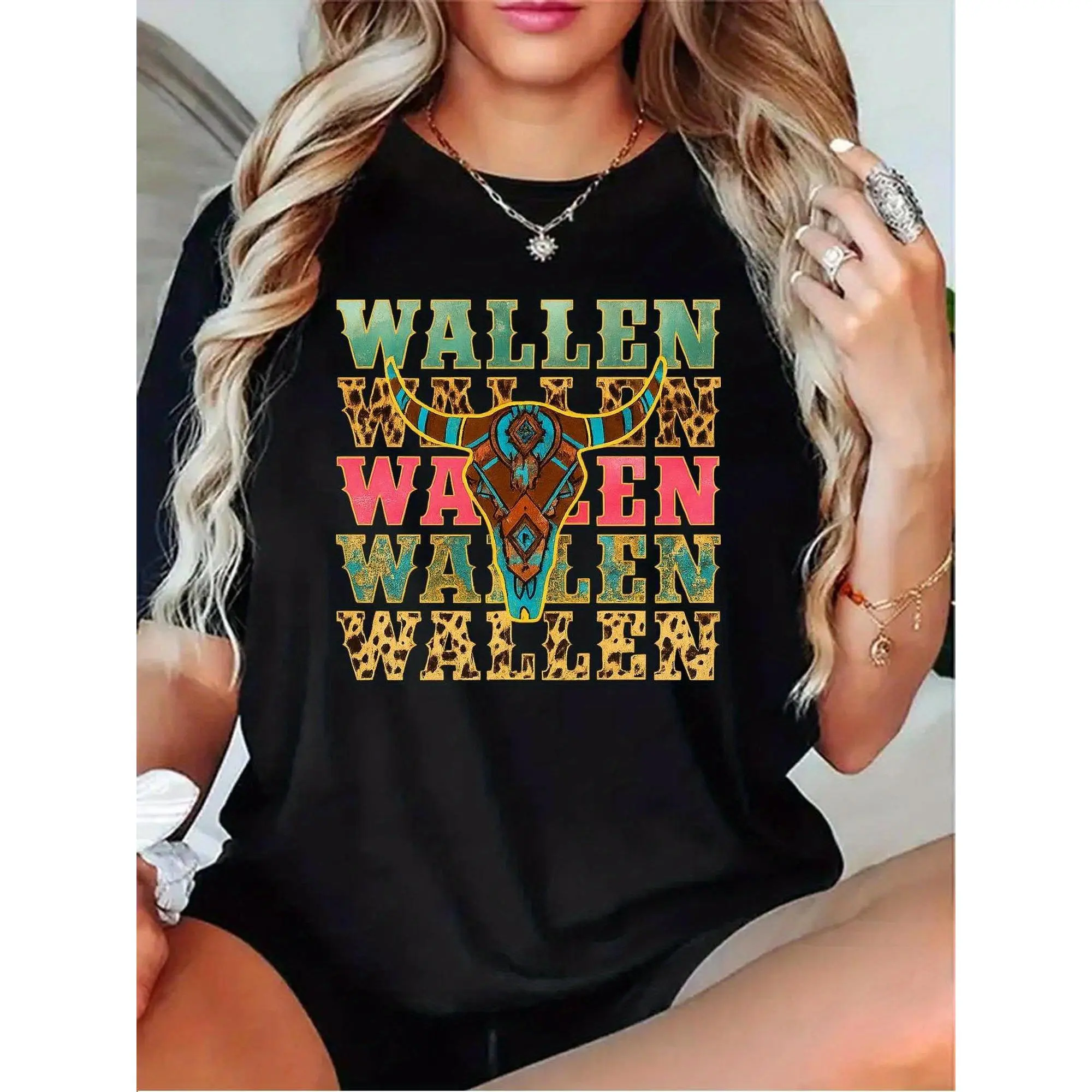 Women's Southwestern Tribal T-Shirt with WALLEN Lettering -  Round Neck Short Sleeve Top, Machine Washable Suitable for All-Season Wear, Everyday Blouse Shirts in Black/Grey/White/Dark Red versatile weekend  wear summer party unisex lightweight loose fit