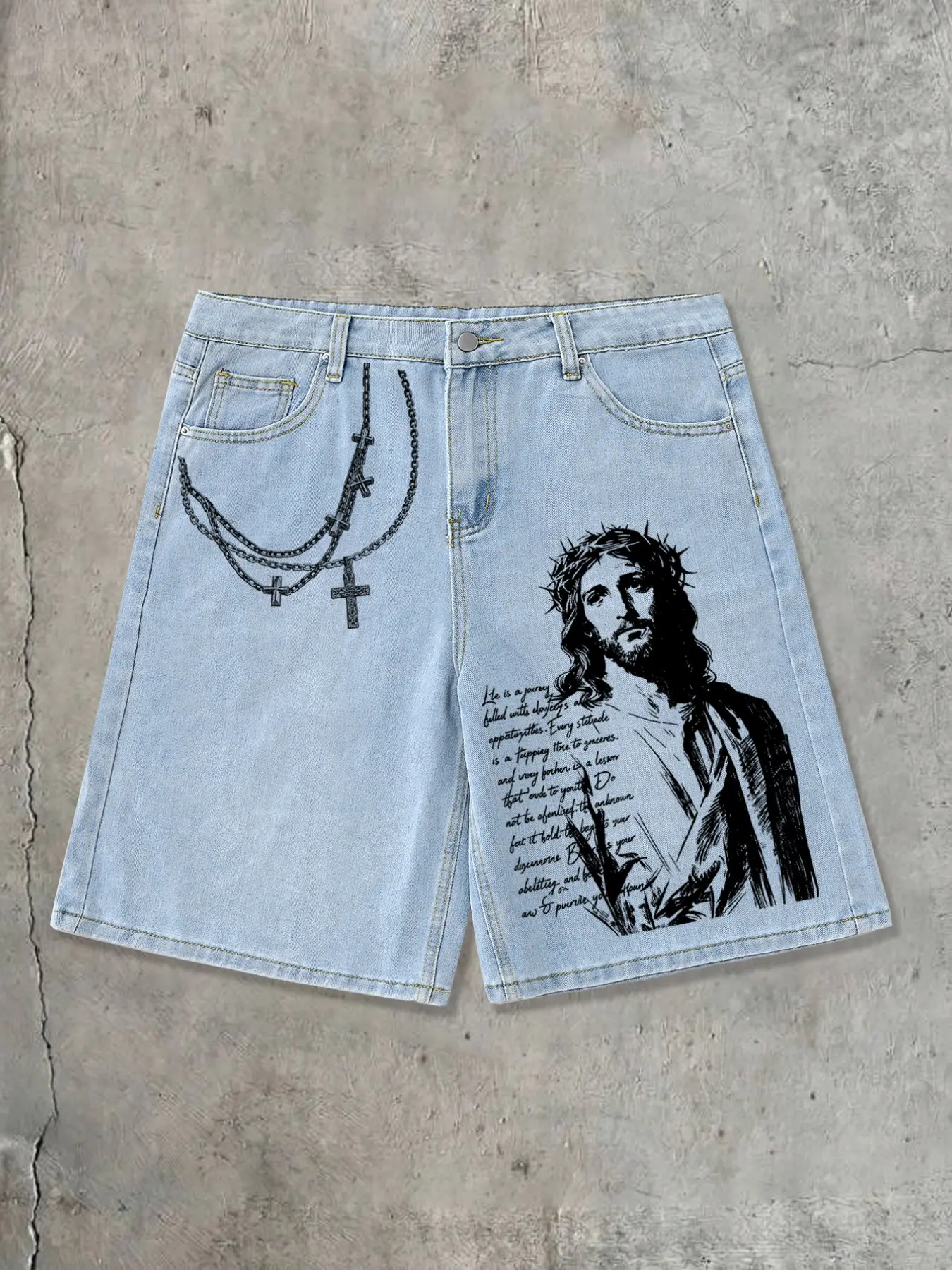 Men's Casual Denim Jean Shorts, Jean Jorts, Light Wash, Jesus and Chain Graphic Print, Loose-Fit Baggy Oversized, Streetwear, Music Festival Fashion, Sweet Cool Contrast Style