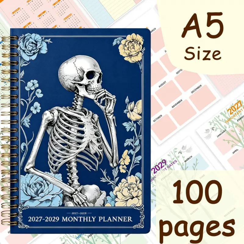 2027-2029 Skeleton Flower Spiral Notebook, Gothic Aesthetic Daily Planner (Available in Multiple Colors)