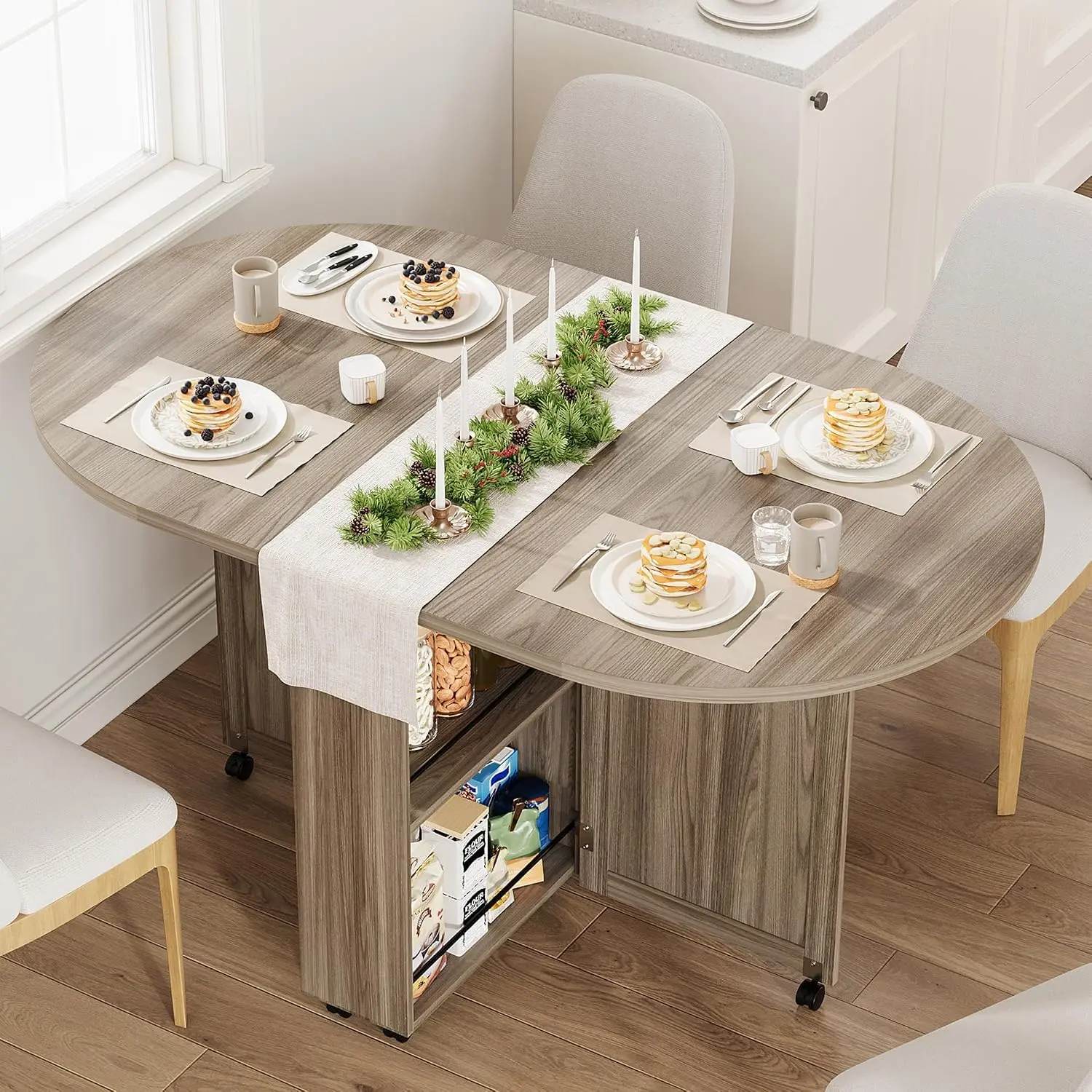 51in Oval Folding Dining Table 3-in-1 Drop Leaf Kitchen Table with Wine Rack and Storage for Small Apartment Space Saving Mobile Table