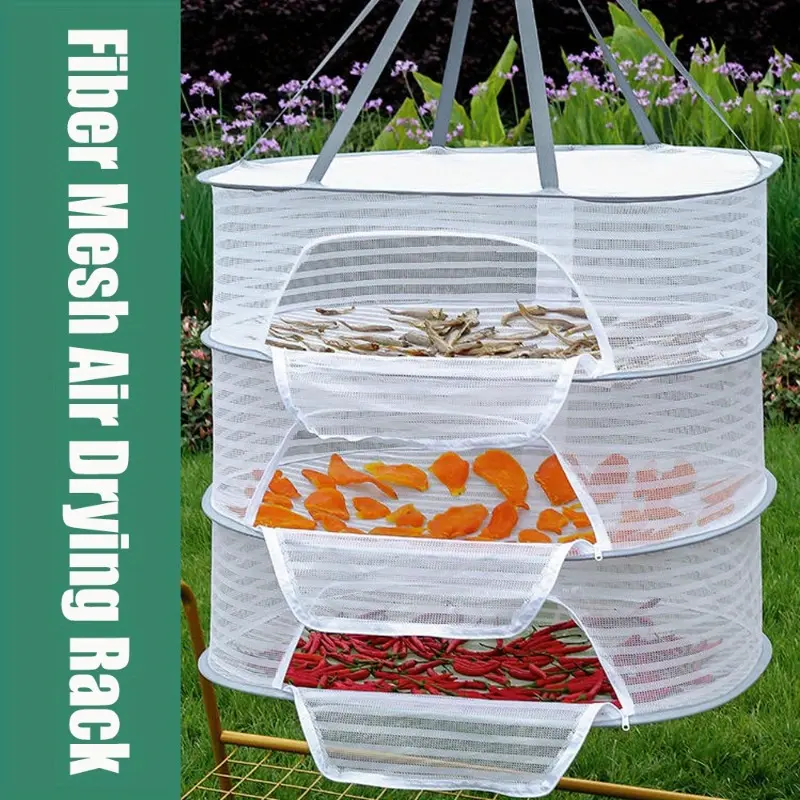 Heavy Duty Foldable 3-Layer Grid Drying Rack with Zipper Closure & Handle, Space-Saving Easy Clean Dryer for Herbs Vegetables Fish Fruits, Suitable for Kitchen Garden Home Camping Parties