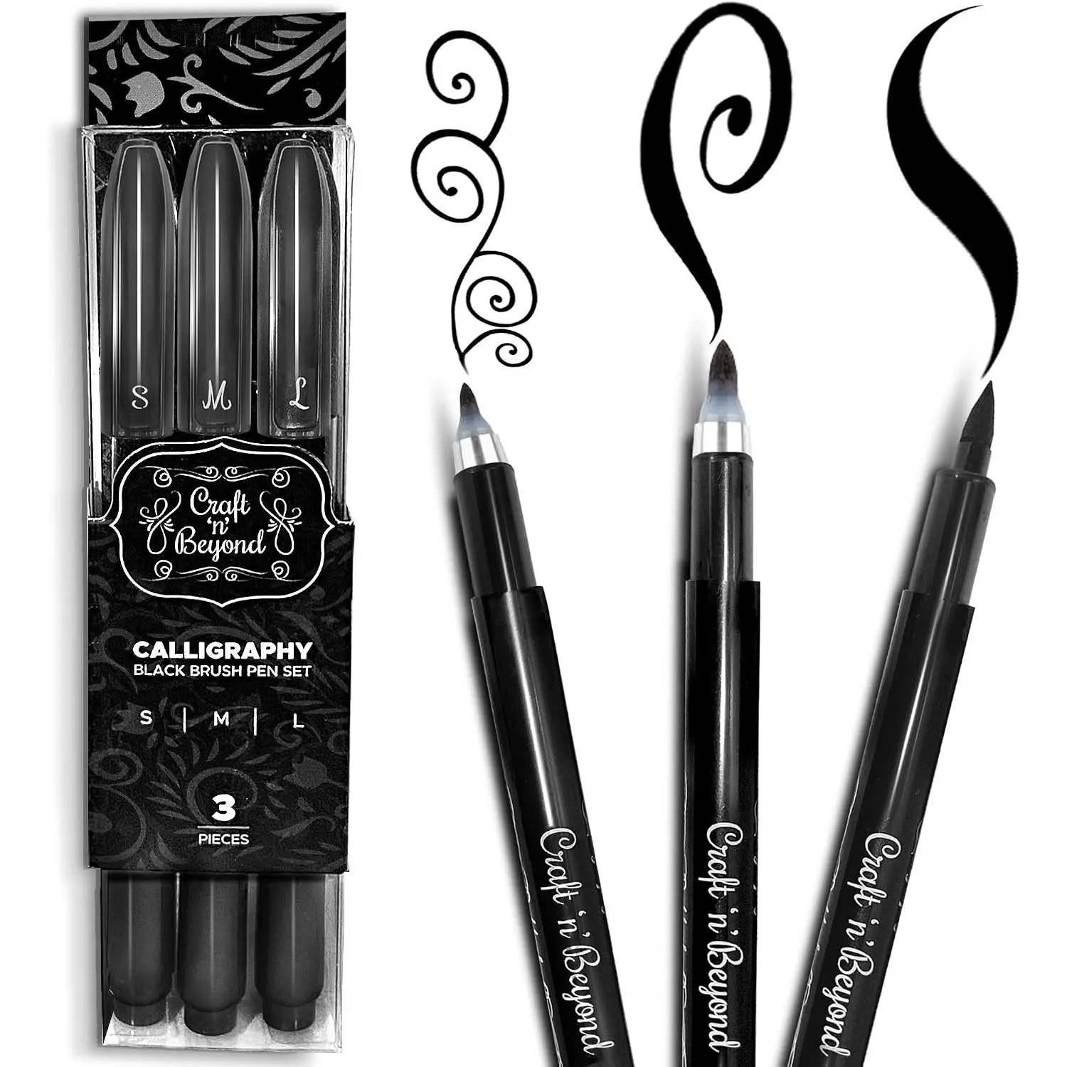 Calligraphy Brush Pens Set (3 Sizes: Small, Medium, Large) - Beginner Office Stationery Kit with Fadeproof Black Ink for Hand Lettering, Art Drawing, Beginners, Fadeproof Ink, Handwriting