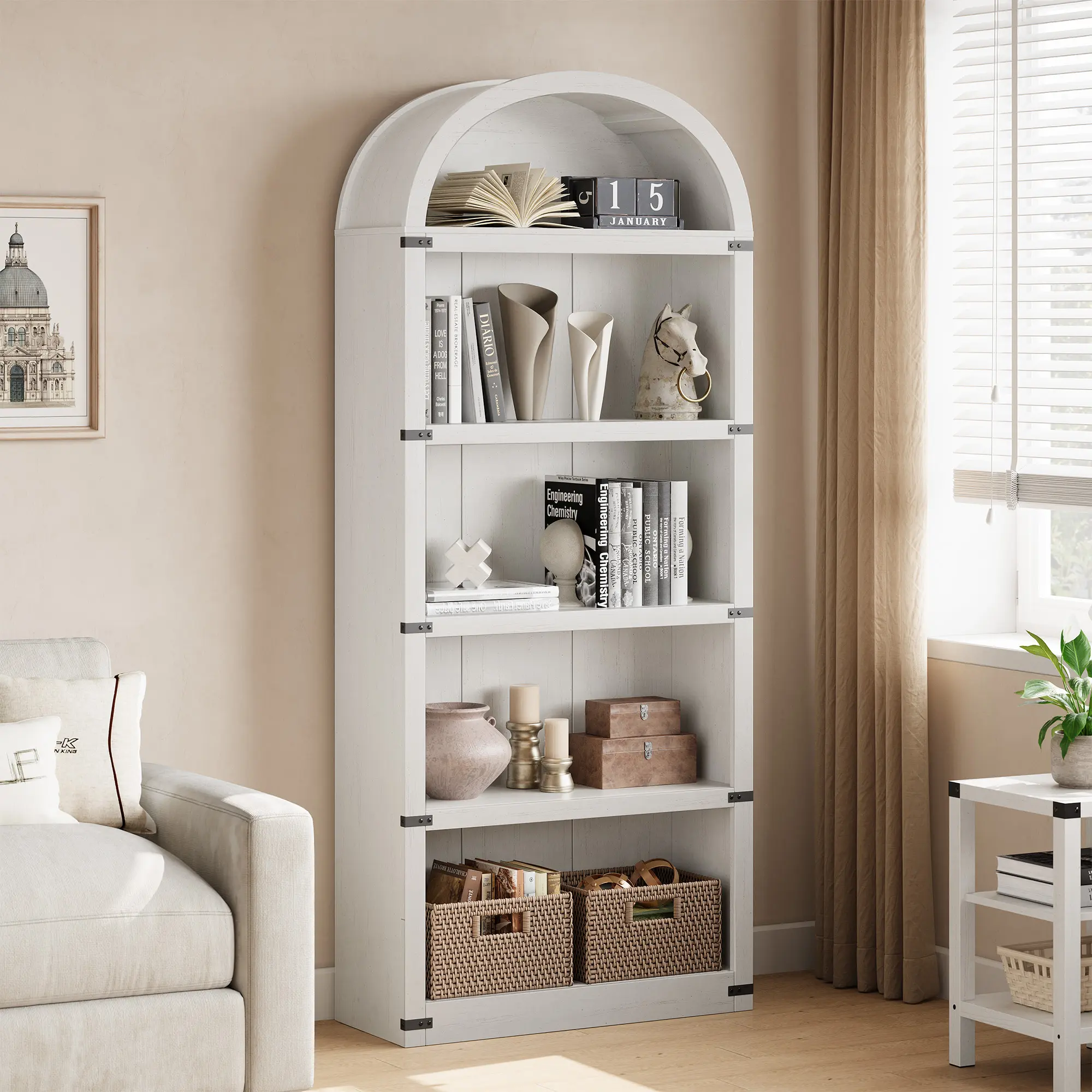 71.65" H x 29.92" L x 11.88" W Stable Contemporary Large Freestanding Arched Wooden Bookshelf, 5-Tier Open-Shelf Storage Cabinet for Living Room Decor, Dining Room, Home Office