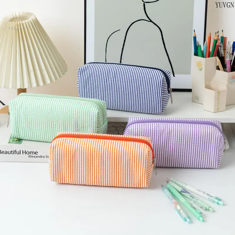 Vertical Striped Seersucker Pencil Case, Cute Zipper Fabric Storage Pouch, Spacious Portable Stationery Organizer Bag, Multifunctional Makeup Pouch for Teen Girls Students Office Dorm Travel Desk Decor tiktokshopbacktoschool