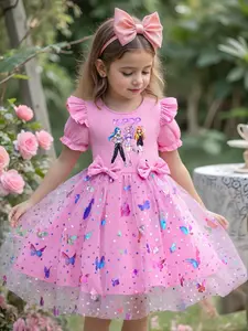 Summer Striped Sleeveless Girl Dress, Idol Group Print, 3D Butterfly Sequins, Mesh Princess Tutu, Perfect for Photoshoots and Birthdays