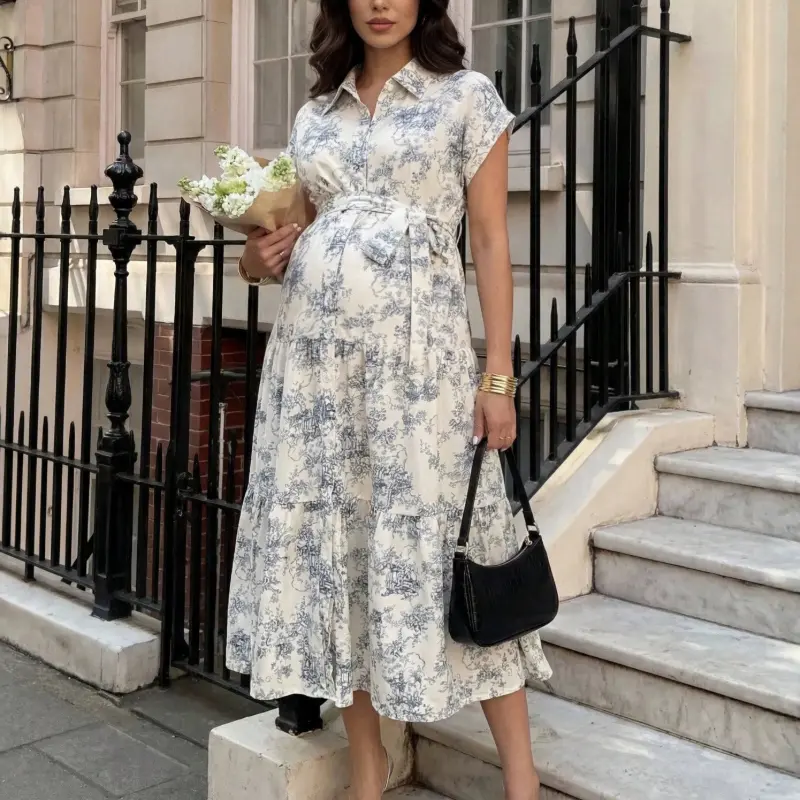 MUSBUY Women's Maternity Toile Print Nursing Dress, Cap Sleeve Tiered Midi Shirt Dress with Belt, Button Front for Summer Weddings, Maternity Clothing, Short Sleeve, Modest Maternity Clothing & Accessories, Skirt