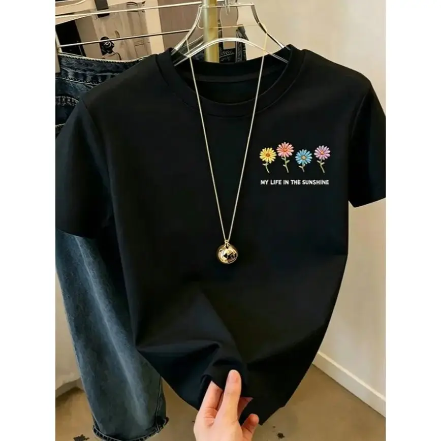 Women's Soft Cotton Short-Sleeve T-Shirt - Cheerful Fresh Daisy Floral Graphic, Breathable Casual Fabric, Ideal for Daily City Walks, Coffee Meetups, Paired with Jeans, Shortsleeve, Lightweight girlfriend trendy top