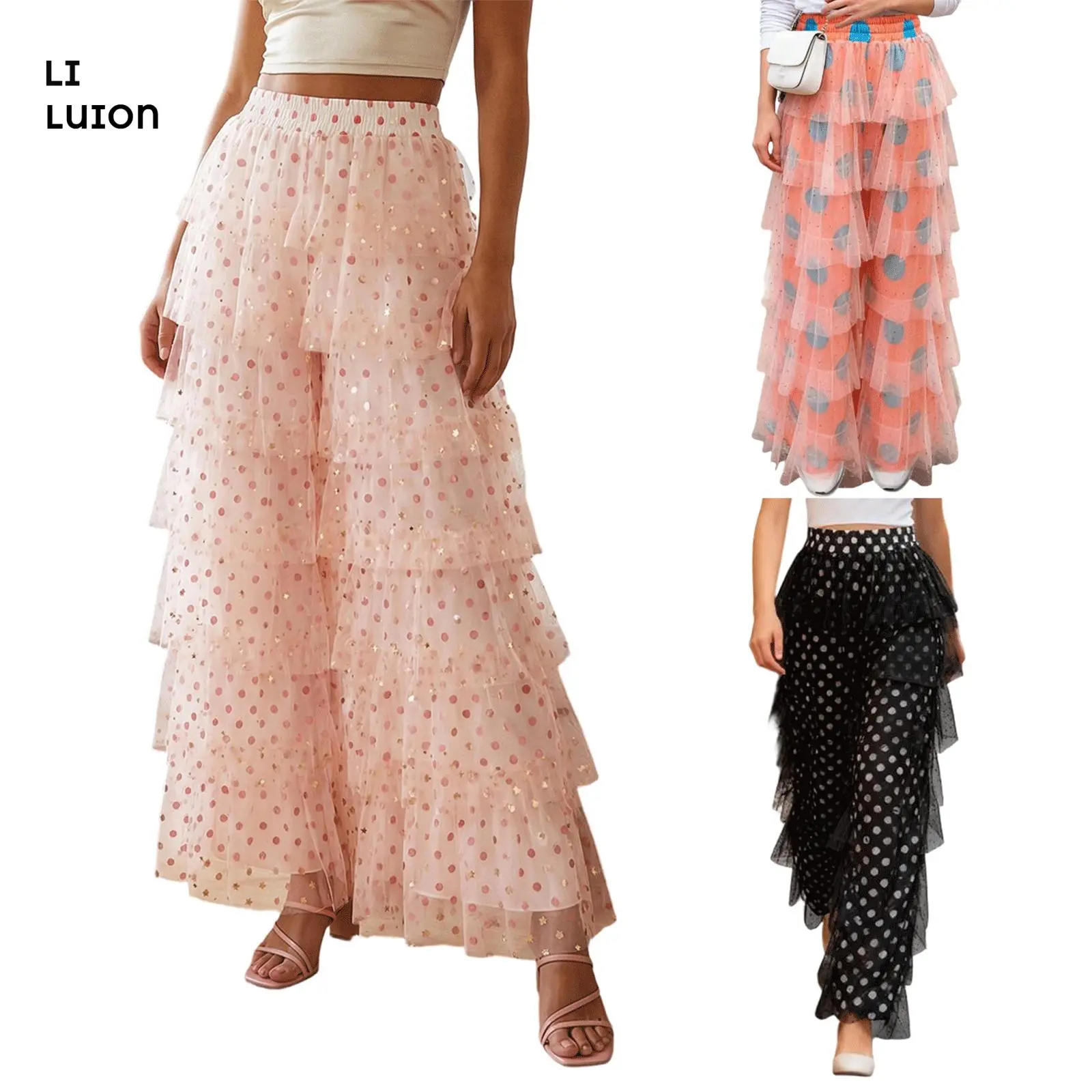 Women's Long Tiered Ruffled Tulle Pants High Waist Stripe Print Layered Mesh Wide Leg Palazzo Pants for Club Party