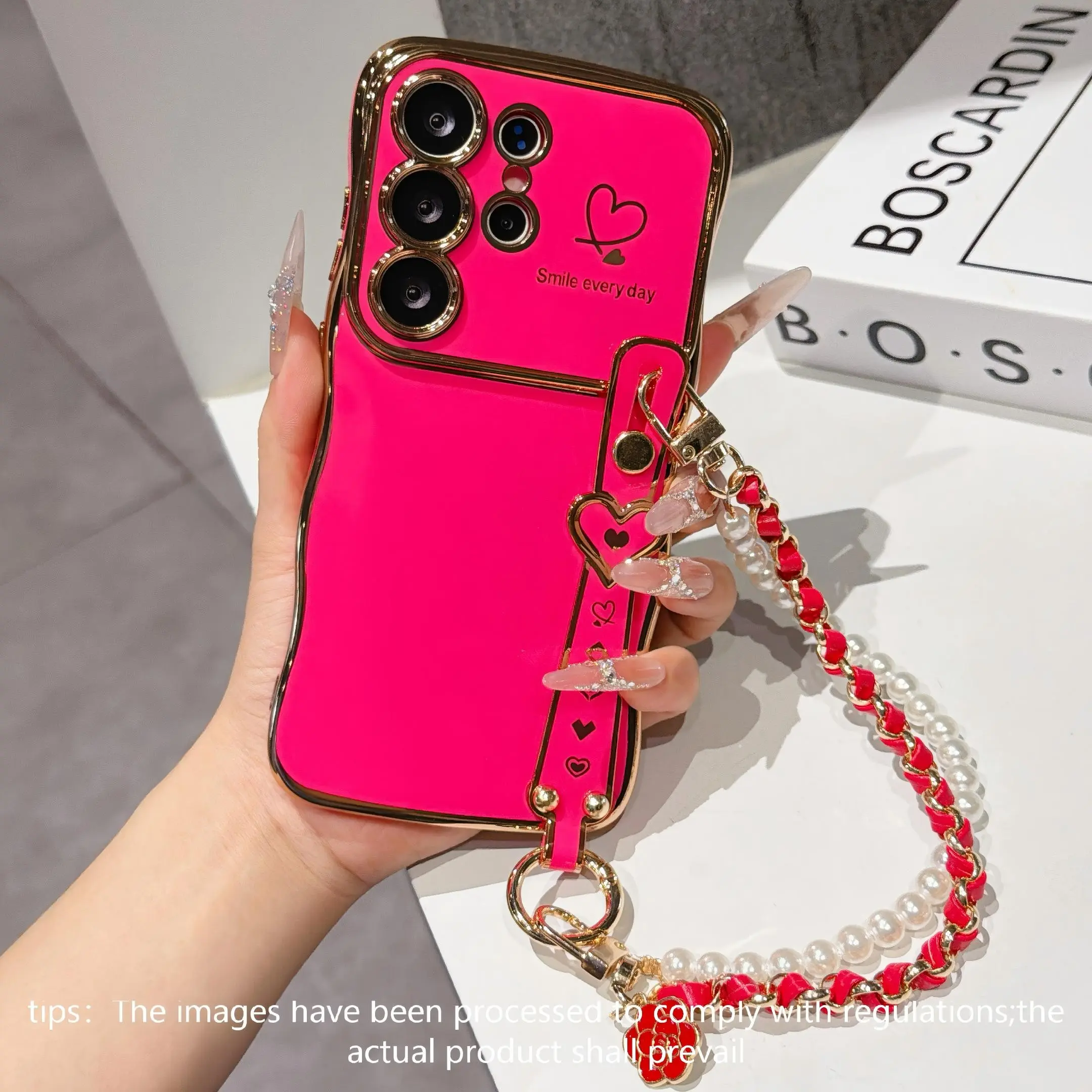 Luxury Aesthetic Electroplated Wave Pattern Dual Heart Large Window Wrist Strap Full Cover Anti-Scratch Anti-Drop Phone Case for Samsung Galaxy Casing