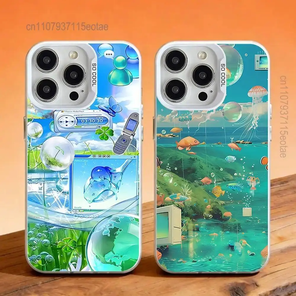 Frutiger Aero Aqua Nostalgia Art Phone Case - White IMD Matte Cover with Protection, Personalized Mobile Phone Accessory for iPhone 11-17 Pro Max/Plus & Samsung Galaxy S23-S25, Accessories
