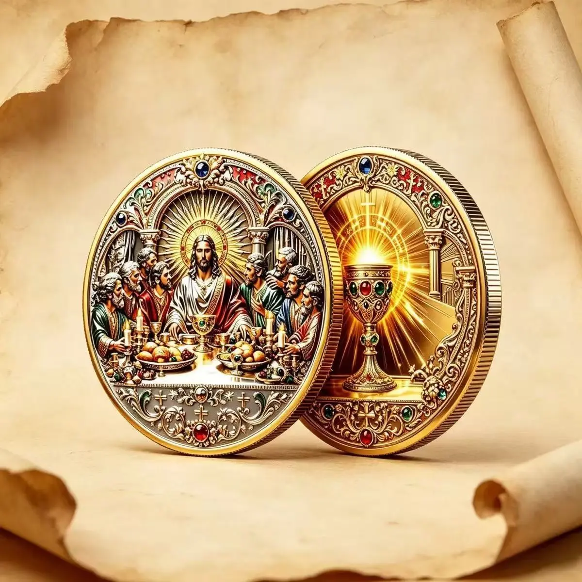 Jesus Last Supper Commemorative Gold Coin, Holy Grail Relief Religious Collectible Coin, Home Decor Gift Medal