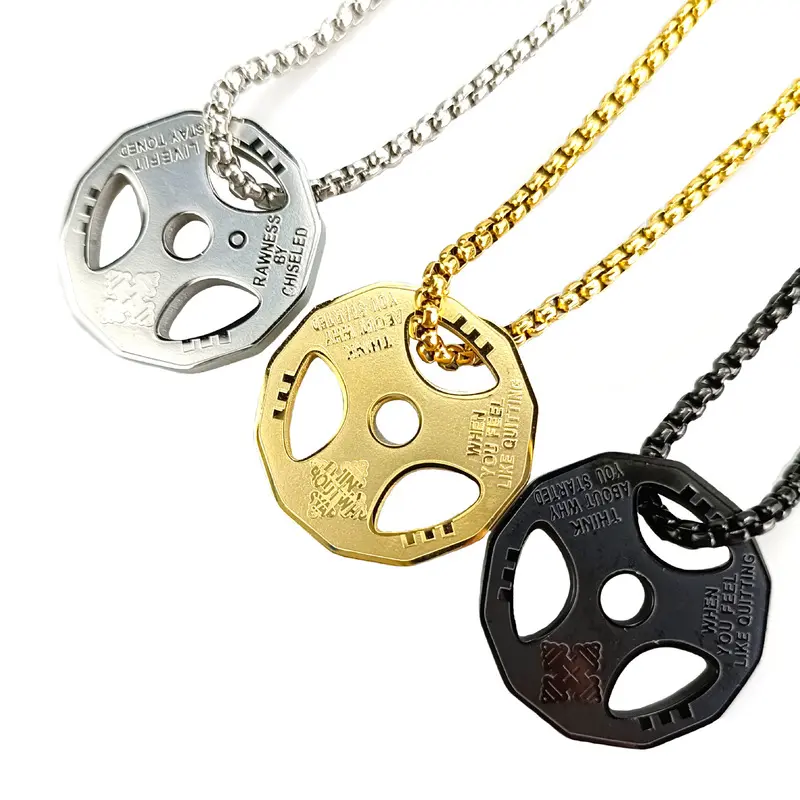 Stainless Steel & Pearl Chain Necklace for Men with Fitness Barbell Plate Pendant, Hip Hop Style Jewelry, 60Cm, Casual Wear, Bold Look