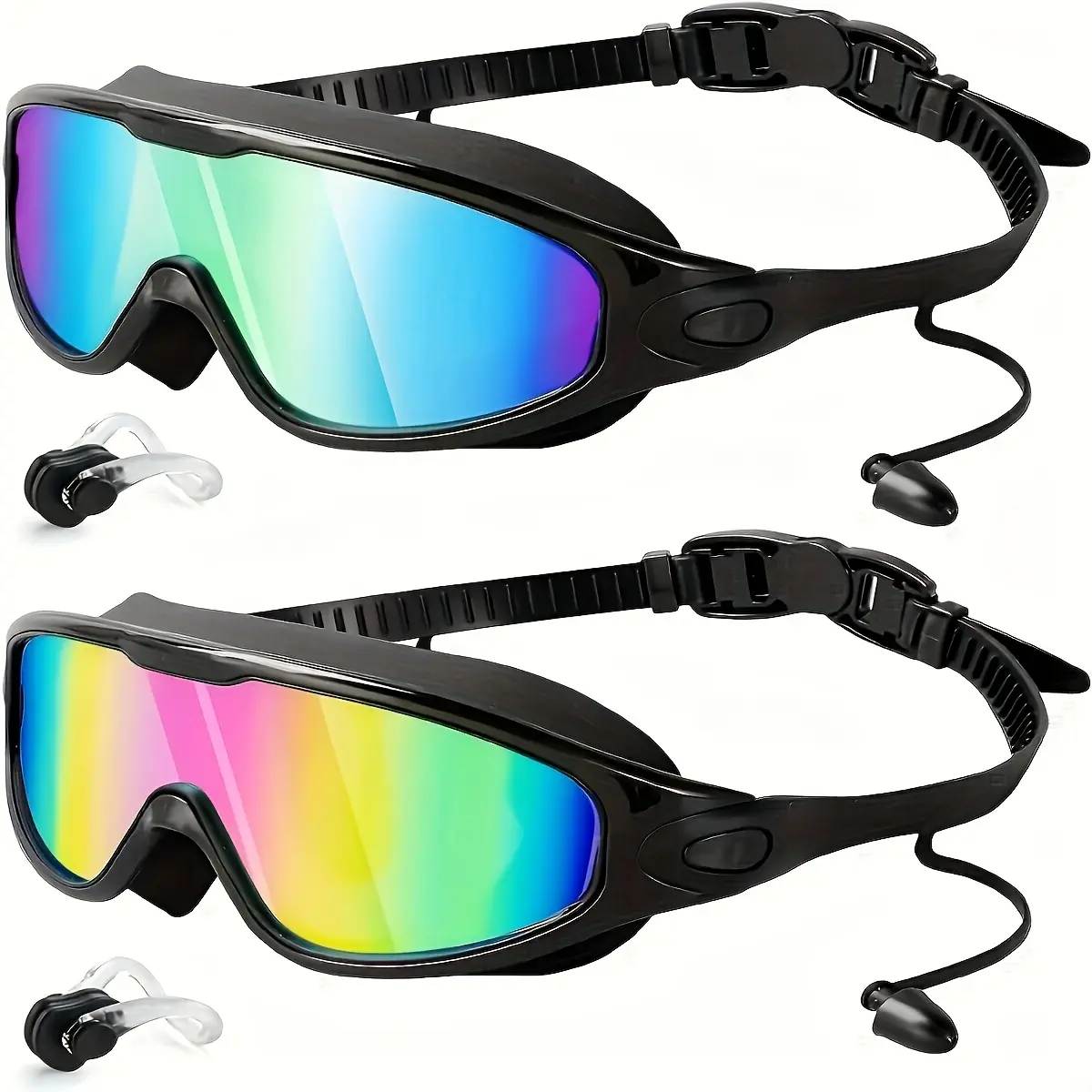 2pcs Adult Anti-Fog Swim Goggles, with Protective & Leak-Proof Design, Wide Angle Lens, Comfortable Adjustable Headband, Ear & Nose Clip, Suitable for Swimming, Water Fitness, Pool Swimming, Clear Vision Lenses