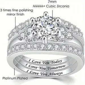 Women's 925 Sterling Silver 3-Piece Engagement Ring Set - 6-Claw Setting, Zirconia Center, Love Inscriptions "I Love You Today, Tomorrow, Always", Gift with Included Gift Box