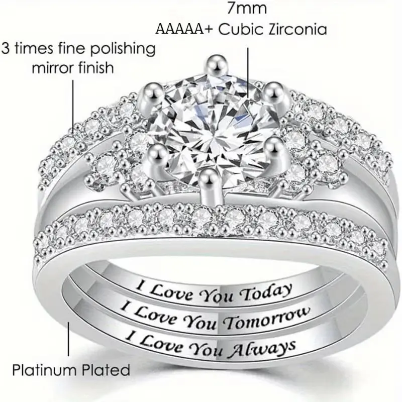 Women's 925 Sterling Silver 3-Piece Engagement Ring Set - 6-Claw Setting, Zirconia Center, Love Inscriptions "I Love You Today, Tomorrow, Always", Gift with Included Gift Box, Rings For Women, Engagement Gifts,promise rings,,engagement rings