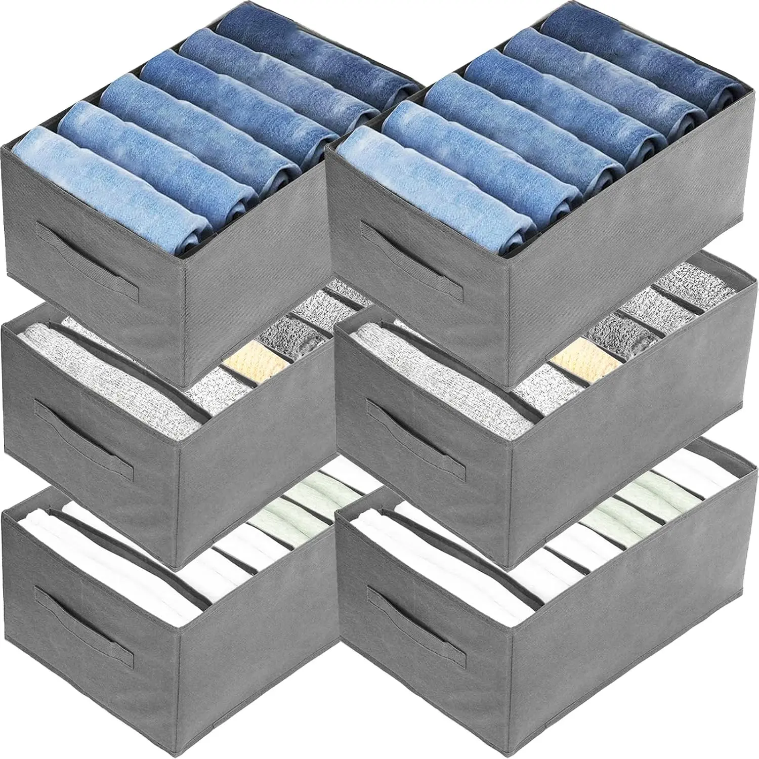 6 Pack Wardrobe Clothes Organizer, 6 Grids Large Clothes Closet Organizer and Storage, Divided Clothing Storage Boxes Bins Closet Drawer Organizer for Jeans T-shirt Pants Sweater