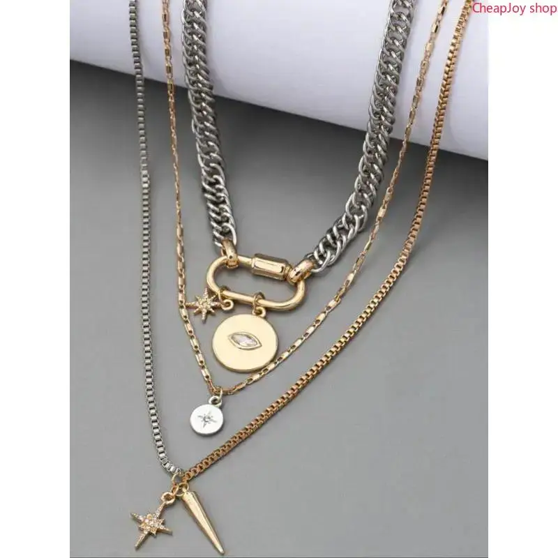 Metal simple gold and silver two-color multi-layer necklace, personalized exaggerated trendy eye pendant multi-layer stacking necklace for women, fashionable and versatile, suitable for daily wear during the back-to-school season, and a gift for Teacher's