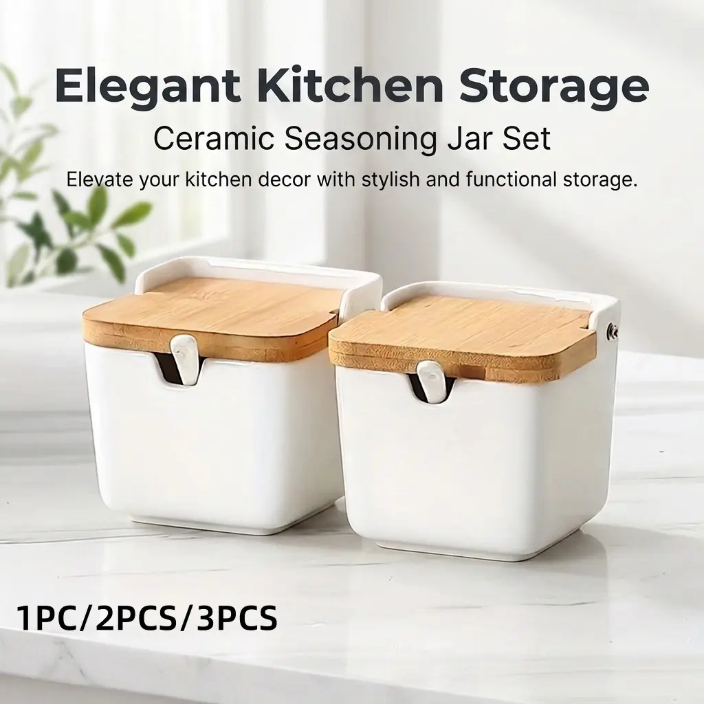 Ceramic Spice Jar with Bamboo Lid and Small Spoon, Sealed Seasoning Storage Box, Ideal for Kitchen Counter Salt and Sugar, Spices Containers