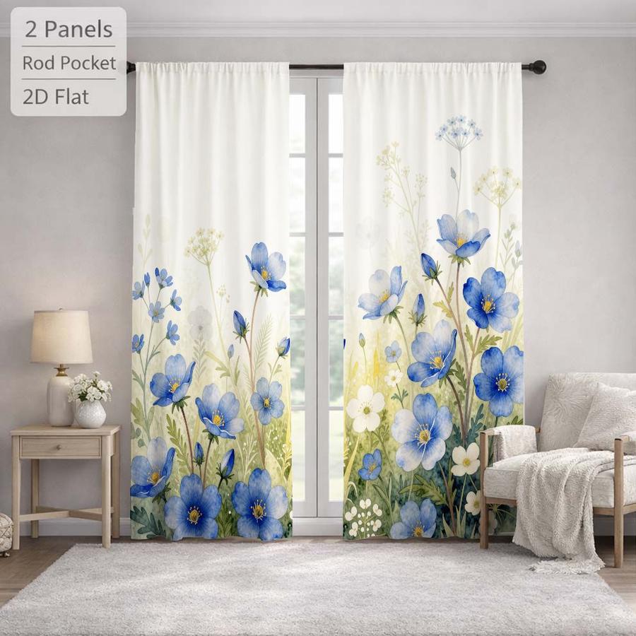 2Pcs Floral Rustic Blue Flower Meadow Sun Blocking Curtains Digital Printed Rod Pocket, Window Treatment For Bedroom Office Kitchen Living Room Study Home Decor