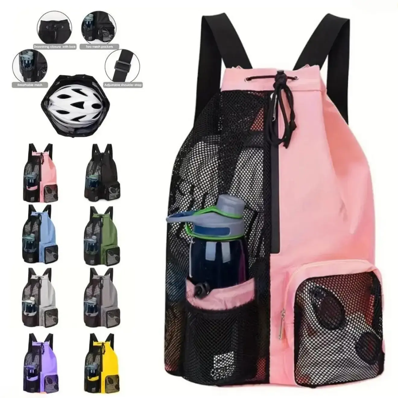 Women's Quick-Dry Mesh Drawstring Backpack - 20-35L Large-Capacity Tote with Wet-Dry Zone, Lightweight Swimming Mesh Bag for Beach, Gym Travel Use