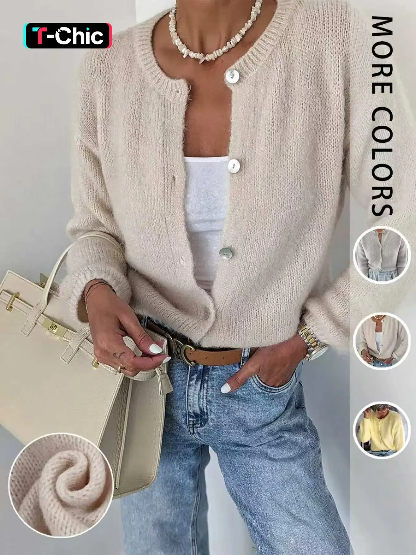 Women's Spring Summer Slim Fit Knit Sweater, Round Neck Button Front Long Sleeve Knitwear, Soft Comfortable Casual Outerwear