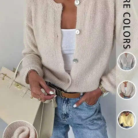 Women's Spring & Summer Slim Knit Sweater, Round Neck Button Front Long Sleeve Knitwear, Soft Comfortable Casual Outerwear, Button Up Knit