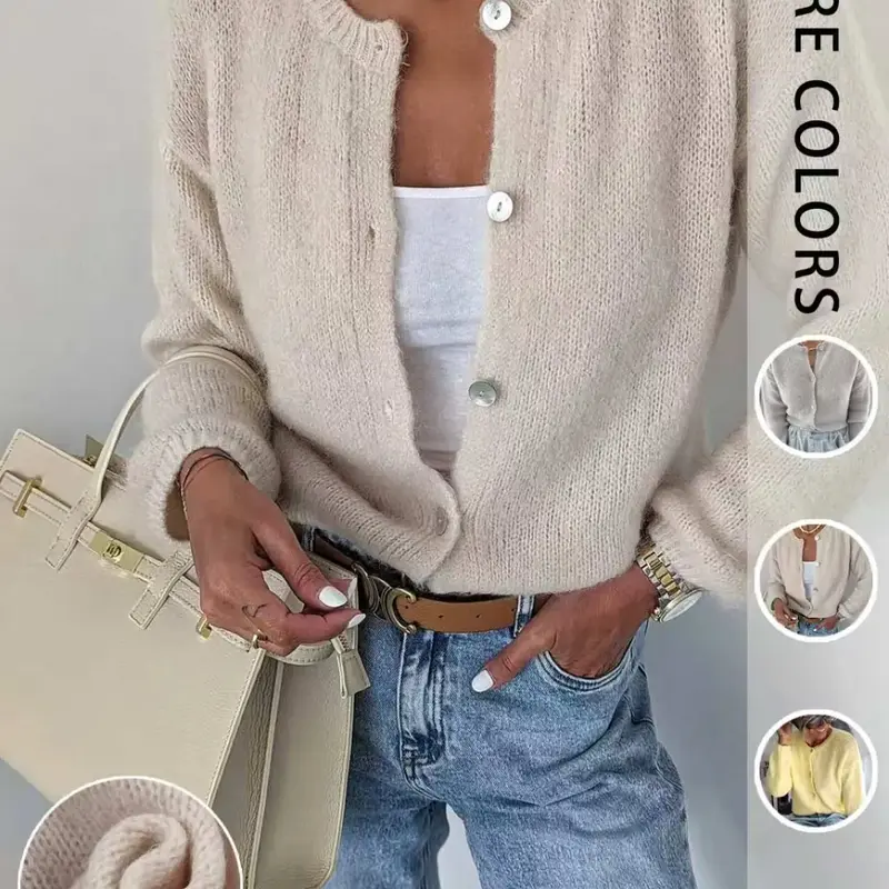 Women's Spring & Summer Slim Knit Sweater, Round Neck Button Front Long Sleeve Knitwear, Soft Comfortable Casual Outerwear, Button Up Knit