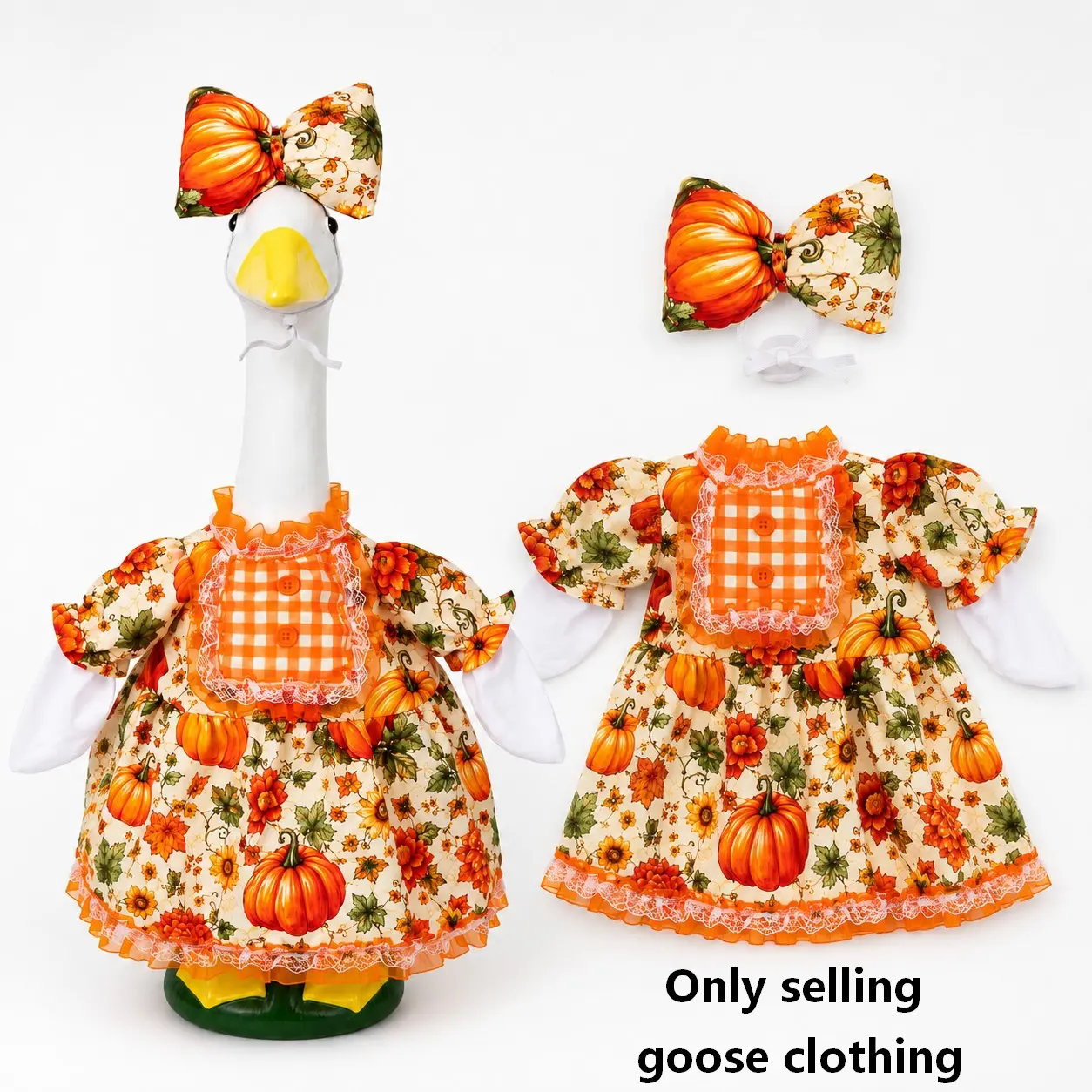 1 Piece Fall Pumpkin Porch Goose Dress Outfit, Thanksgiving Floral Goose Clothes with Bow for Garden Goose Statue, Autumn Yard Lawn Decor, Holiday Decor, Halloween and Christmas Decorations