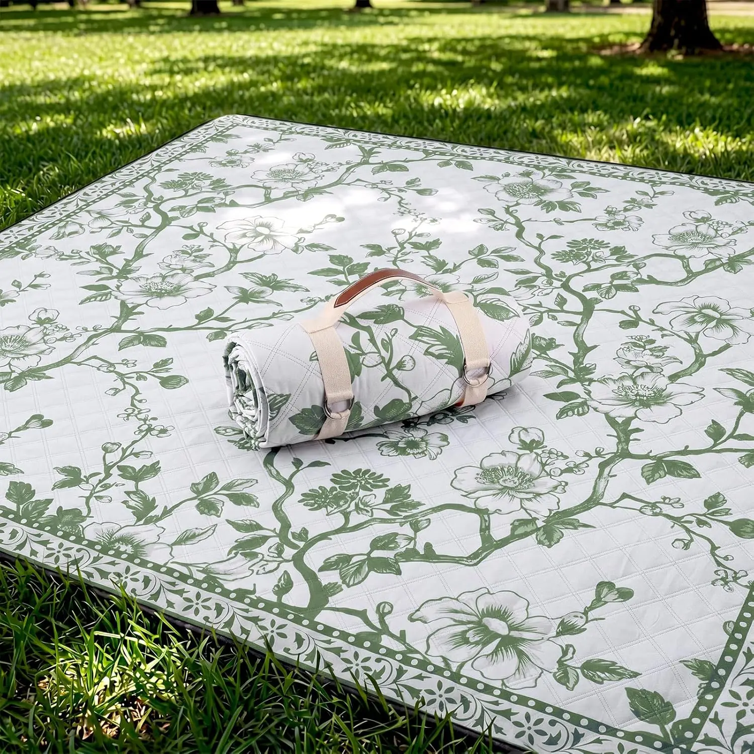 80 x 80 Inch Green Floral Picnic Blanket  Outdoor Chinoiserie Picnic Mat with Carry Strap  Sandproof Blanket Foldable Portable for Beach Camping Grass Lawn Park