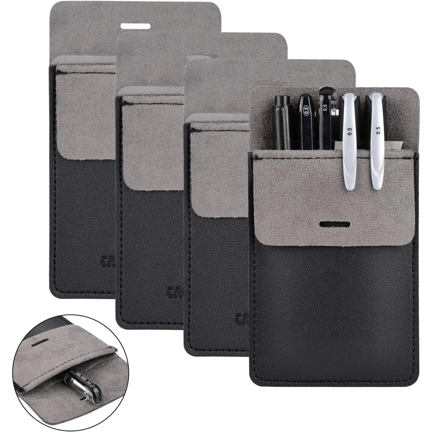 Pocket Protector, 4 Pack  PU Leather Pen Holder, Black | Men Women Pouch Pocket Organizer For Shirts, Lab Coats, Pants - Multi-Purpose-Holds Pens, Pointers, Pencils, Ruler, Tools