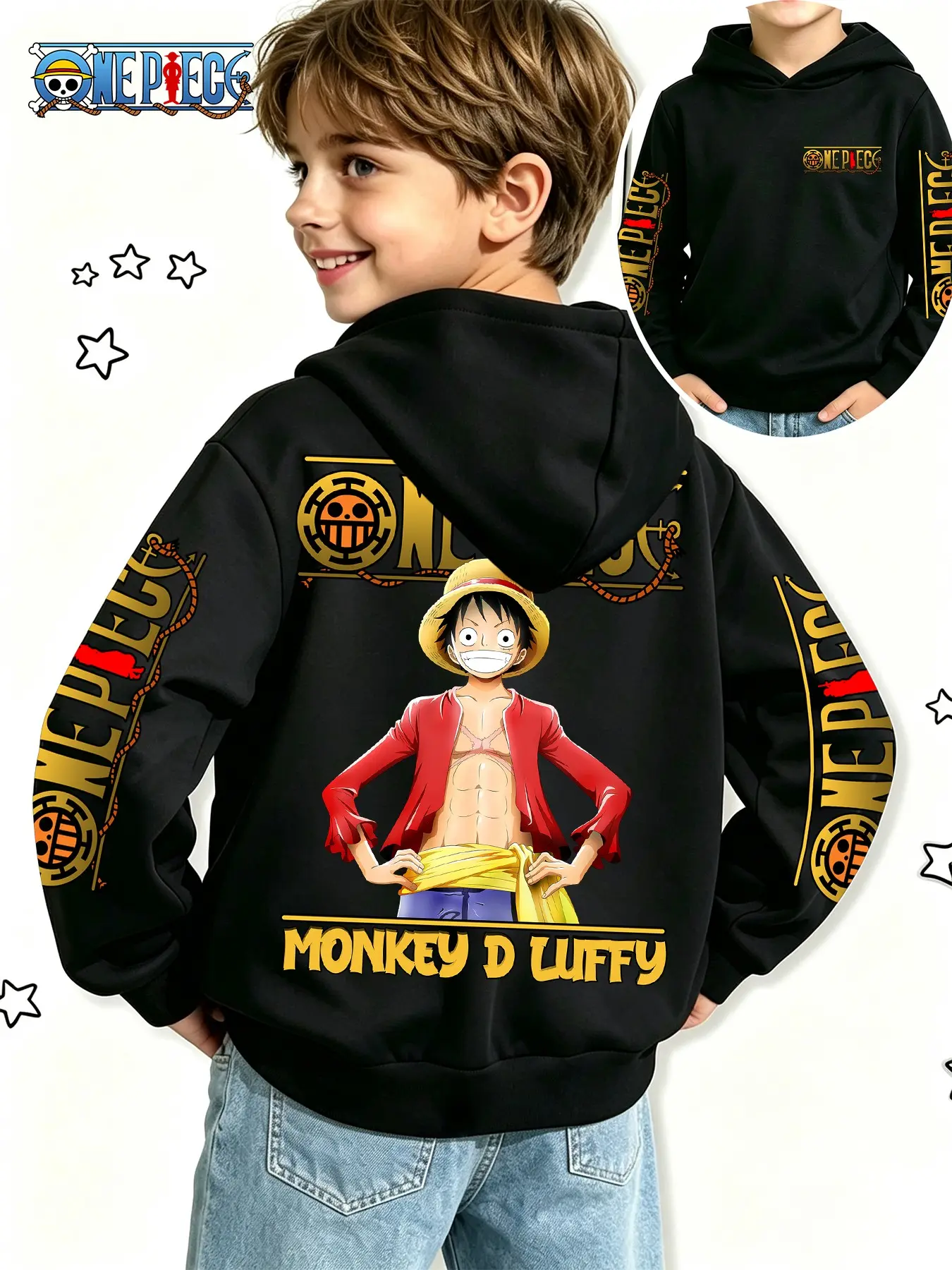 One Piece Official Boys' Anime Sweatshirt, Luffy Standing Pose Print, Spring & Fall Casual Hoodie, Perfect for Gifts & Daily Wear