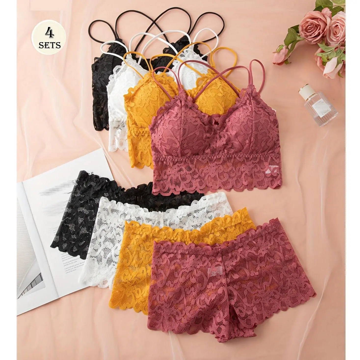 4pcs Set 4Colors Comfortable Fashion Casual Lingerie for Women, No Underwire Bra Set with Panties and Camisole Underwear Set Comfortable Floral Underwear&Panties