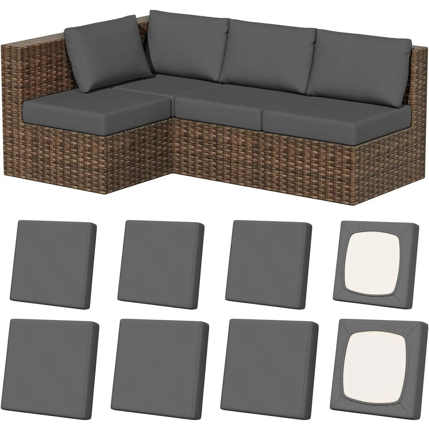 8 count Stretch Patio Cushion Covers, Outdoor Couch & Sofa Furniture Cushion Covers, Machine Washable  Cushion Slipcovers Protector, Various Shapes, Square Large + Small, Medium Grey