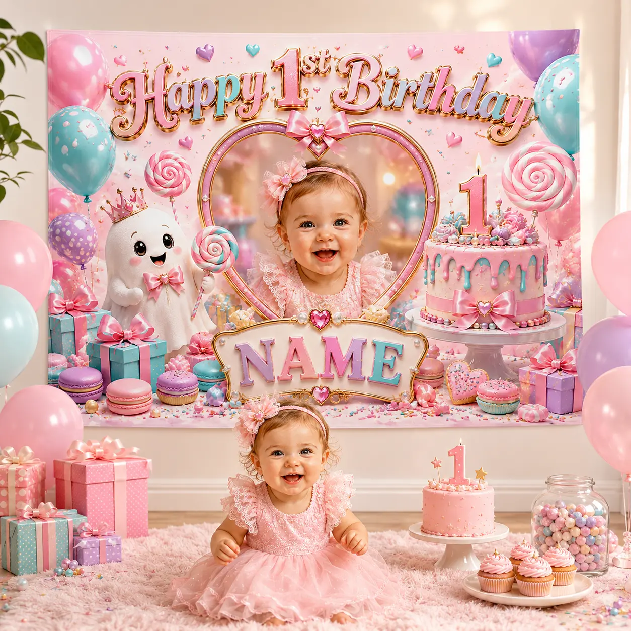 Personalized Colorful Pink 1st Birthday Backdrop Banner, Customizable Girl’s Party Decor with Photo, Name, Heart Frame, Lollipop Cake & Balloon Elements, Festive Gift for Home Celebrations