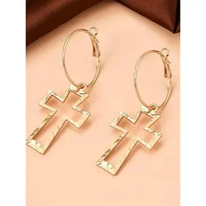 Women's Vintage Charm Nylon Long Dangle Earrings - Copper Cross-Embellished Gold Trendy Plain Statement Drop Earrings, Classic Chic Costume Jewelry for Gifting