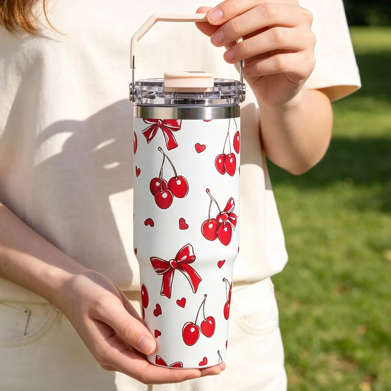 Cherry Bow Insulated Bottle, Stainless Steel Vacuum Water Bottle, Reusable Travel Coffee Cup, Portable Water Bottle with Handle Lid, BPA-Free and Leak-Proof, Fits Car Cup Holders, Perfect Birthday and Back-to-School Gift for Girls (30oz)
