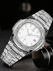 Floral Vintage Square Calendar Watch, Luxury Quartz Men's Business Gift, Luminous Casual Men's Timepiece in Silver Color, Luminous Analog Watch